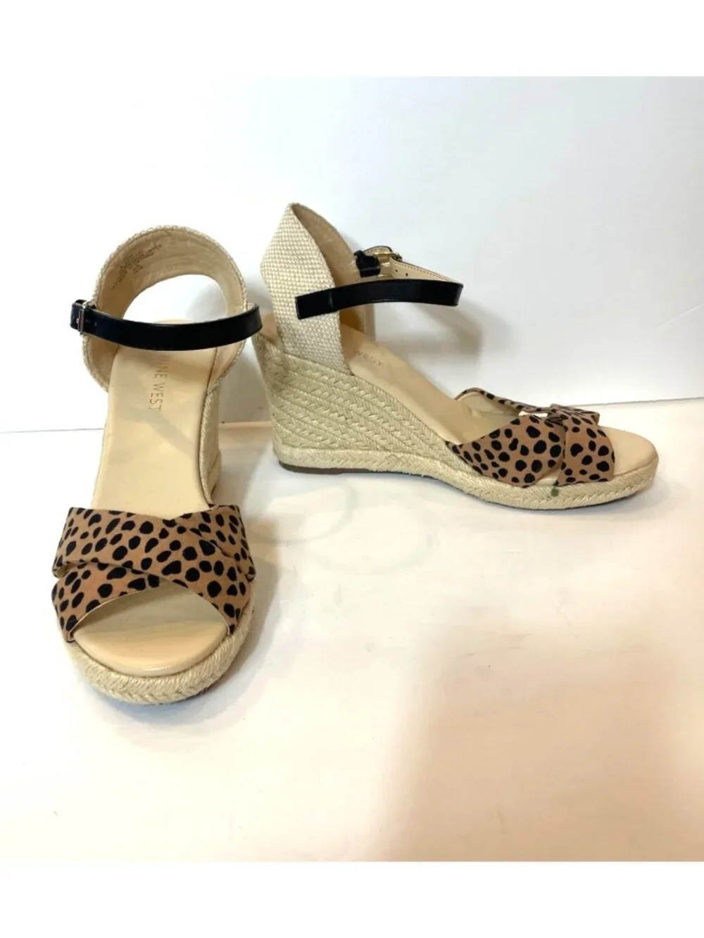 Nine West Joydyn Cheetah Print Espadrille Wedge Sandals Ankle Strap Size 7.5